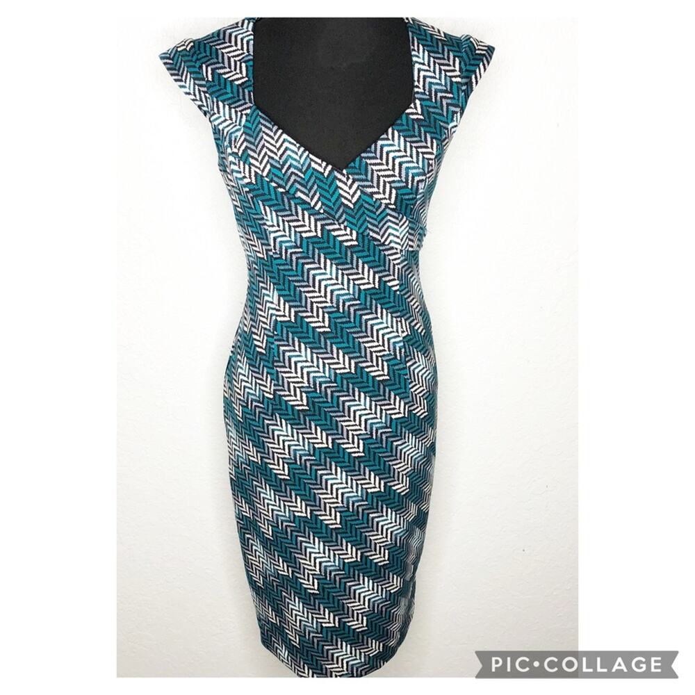 WHBM black white gray teal green chevron cap sleeve midi sheath dress size 4